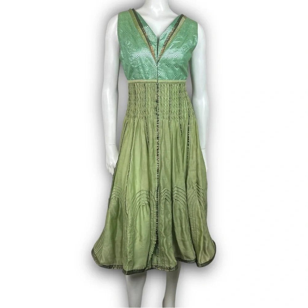 VIRTUES Vintage Empire Waist Metallic Fairy Grunge Circle Skirt Midi Dress Boho - Picture 3 of 15